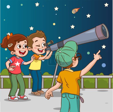 Téléchargez les illustrations : Illustration vectorielle d'enfants mignons regardant à travers le télescope sur le ciel étoilé de nuit. - en licence libre de droit