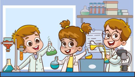 Illustration for Little scientist wearing with coat and do research cartoon vector - Royalty Free Image