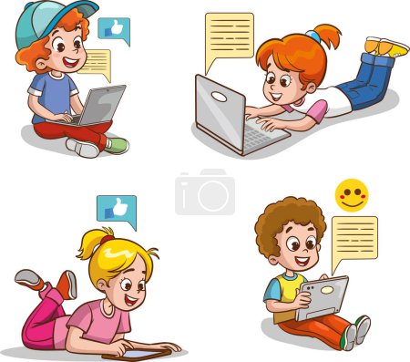 Illustration for Vector Illustration of Children's Education. Children using tablets and phones. Use of technology in education. social media and children. - Royalty Free Image