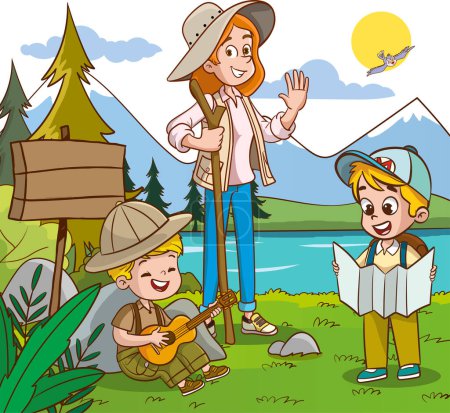 Illustration for Vector Illustration of Children's Education. Scout students camping. students studying with teacher in nature cartoon vector - Royalty Free Image
