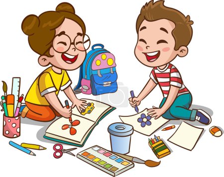 Illustration for Vector illustration of happy kids drawing with crayons.Happy little kids drawing painting together lying on the floor. - Royalty Free Image