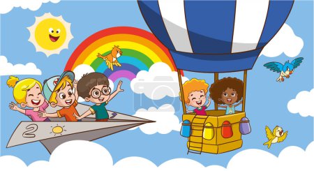 Ilustración de Niños de dibujos animados que vuelan con papel Plane.kids montar papel plano vector ilustración - Imagen libre de derechos