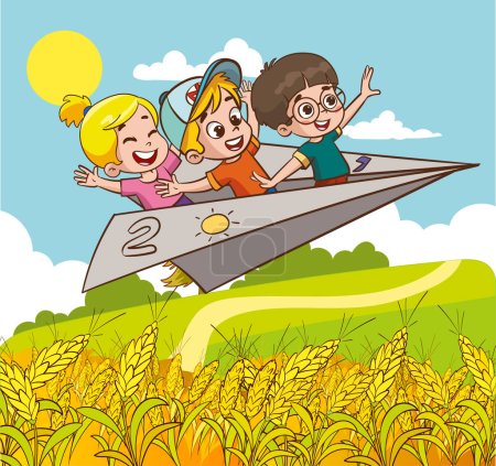 Illustration for Cartoon Kids Flying With Paper Plane.kids ride paper plane vector illustration - Royalty Free Image