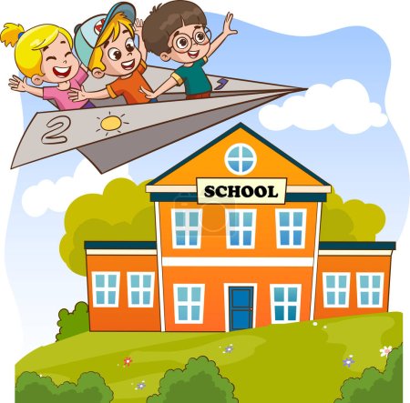 Téléchargez les illustrations : Cartoon Kids Voler avec Paper Plane.kids ride illustration vectorielle avion en papier - en licence libre de droit