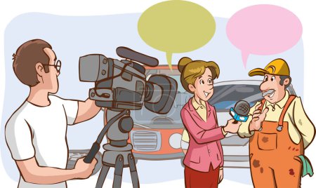 Téléchargez les illustrations : Journaliste et cameraman interviewant des personnes - en licence libre de droit