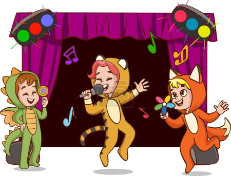 Illustration for Child Actors Performing Theater on Stage.Color Vector Illustration with Talented School Children Theater Performance. - Royalty Free Image