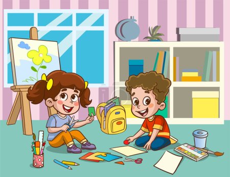 Illustration for Children drawing with pencils and paints. Vector illustration of a group of children.little cute kids cut paper for art with friend. - Royalty Free Image