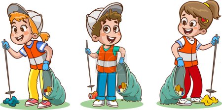 Téléchargez les illustrations : Les enfants nettoient l'environnement des ordures - en licence libre de droit
