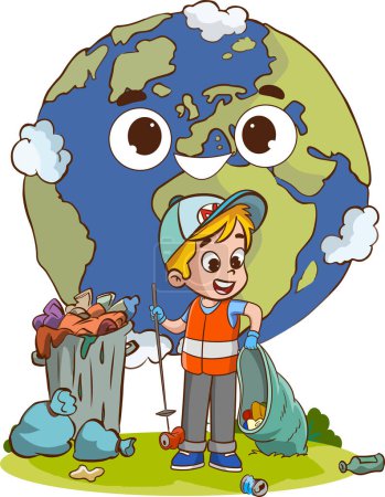 Ilustración de Mundo feliz y los niños limpian el medio ambiente de la basura - Imagen libre de derechos