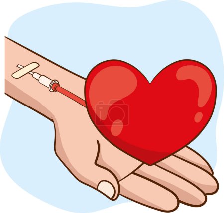 Illustration for Blood donation concept Vector illustration.Medical background by day of donation.Donor day.Big heart on donner's hand connected to vein. - Royalty Free Image