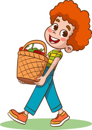 Ilustración de Ilustración vectorial de niño llevando una gran cesta llena de manzanas frescas - Imagen libre de derechos