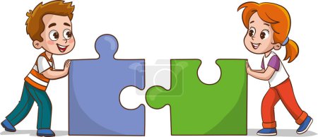 Téléchargez les illustrations : Illustration vectorielle de deux enfants connectant des éléments de puzzle - en licence libre de droit