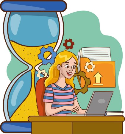 Illustration for Time management concept. The character looks at the hourglass and tries to organize and organize work and life time.vector illustration. - Royalty Free Image
