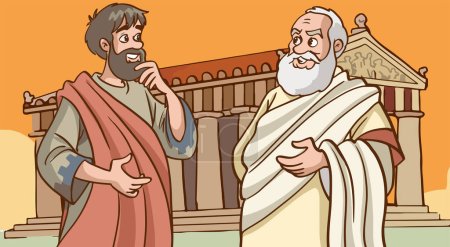 Illustration for Two great philosopher greek thinkers vector illustration. Philosophy, metaphysics, reflections, wisdom, idea.Male cartoon characters with beard and toga talking in vector illustration. - Royalty Free Image