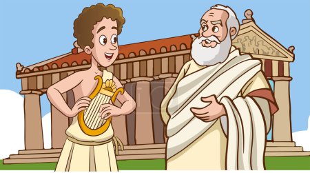 Illustration for Two great philosopher greek thinkers vector illustration. Philosophy, metaphysics, reflections, wisdom, idea.Male cartoon characters with beard and toga talking in vector illustration. - Royalty Free Image