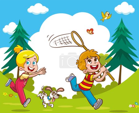 Illustration for Happy children playing and catching insects at the park.Happy kids. Children play in meadow. School summer day.Spring vacation. - Royalty Free Image