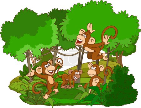 Téléchargez les illustrations : Illustration de singes jouant dans la forêt - en licence libre de droit