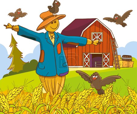 Illustration for Vector illustration of a scarecrow with crows flying in the field - Royalty Free Image