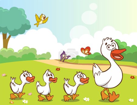 Illustration for Vector illustration of mother duck and baby ducks - Royalty Free Image