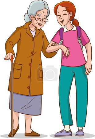Illustration for Vector illustration of young girl helping old woman walking - Royalty Free Image