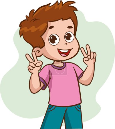 Illustration for Cute happy children with different positive emotions, feelings, excited facial expressions, thumb up and waving hand gestures, success V sign ,self confidence, and optimistic body languages - Royalty Free Image