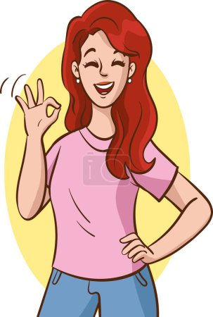 Téléchargez les illustrations : Illustration d'une femme aux cheveux rouges souriant montrant OK signe - en licence libre de droit