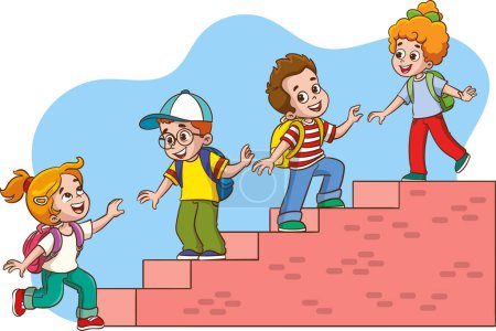 Téléchargez les illustrations : Des enfants mignons montent les escaliers du succès en travaillant en équipe - en licence libre de droit