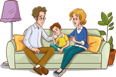 Illustration for Father and Mother Comfort Children.Sad Son and Daughter Crying and Feeling Sad.Vector Illustration - Royalty Free Image