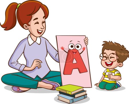Illustration for Cute little kids sitting on the floor and studying the alphabet with their teacher - Royalty Free Image