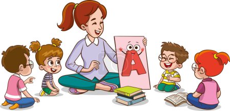 Niedliche kleine Kinder sitzen auf dem Boden und lernen mit ihrem Lehrer das Alphabet