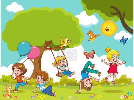 Téléchargez les illustrations : Illustration vectorielle d'enfants heureux dans l'aire de jeux - en licence libre de droit