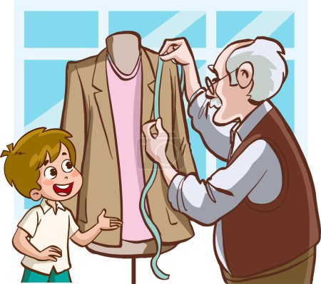Illustration for Vector illustration of working tailor and children asking him questions - Royalty Free Image