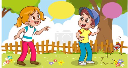 Illustration for Vector illustration of a littering boy and his friend telling him not to litter around - Royalty Free Image