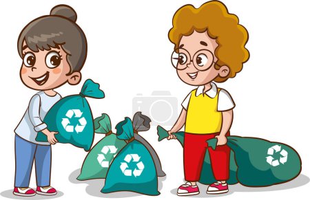 ilustración vectorial de niños que llevan bolsas de basura