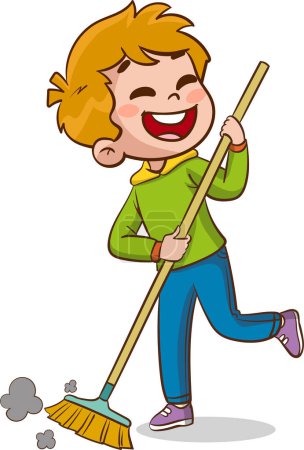 Vektor-Illustration eines kleinen Jungen, der mit einem Wischmopp den Boden wischt