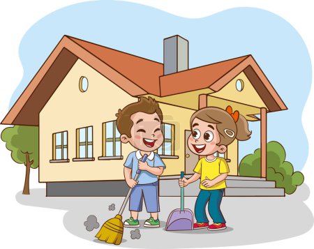 vektr illustration of a Little kids Mopping the Floor with a Mop