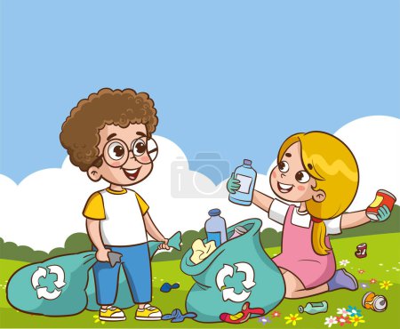 Ilustración de Ilustración vectorial de niños y niñas recogiendo botellas de plástico y basura en el parque - Imagen libre de derechos