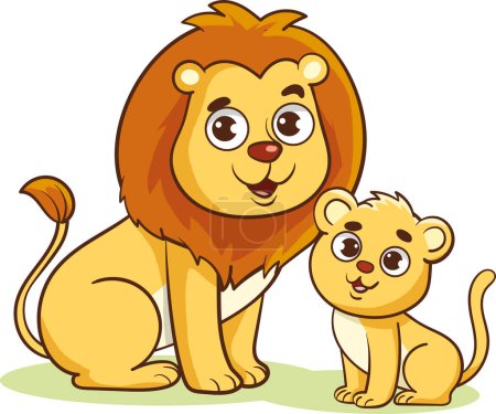 Téléchargez les illustrations : Illustration vectorielle du lion mignon et bébé lion personnage de bande dessinée sur fond blanc - en licence libre de droit