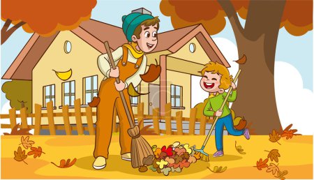 Illustration for Vector illustration of cartoon father and son cleaning the garden of their home - Royalty Free Image