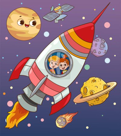 Illustration for Vector illustration of kids and Rocket.Little children are happily flying on a rocket. Bright pictures for children's wallpapers, books, comics and coloring books. - Royalty Free Image