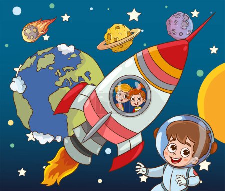 Illustration for Vector illustration of kids and Rocket.Little children are happily flying on a rocket. Bright pictures for children's wallpapers, books, comics and coloring books. - Royalty Free Image