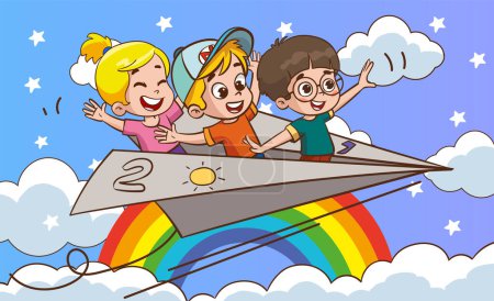 Illustration for Cartoon Kids Flying With Paper Plane.kids ride paper plane vector illustration - Royalty Free Image
