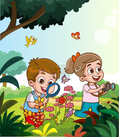 Téléchargez les illustrations : Des enfants mignons découvrent des plantes et des insectes dans la forêt ou le parc. Amoureux de la nature prendre des photos et lire des livres illustration vectorielle de dessin animé - en licence libre de droit