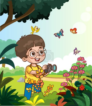Illustration for Cute kids character with camera photographing nature.kids taking photo and nautre cartoon vector - Royalty Free Image