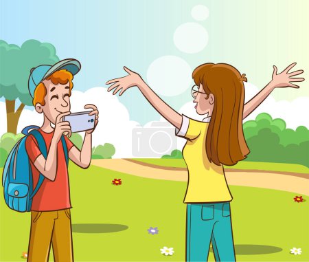 Illustration for Man taking photo of woman with smartphone. Happy girlfriend posing while boyfriend making shot with mobile phone. Couple with cellphone. Flat vector illustration isolated on white background - Royalty Free Image