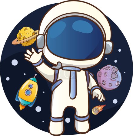 Téléchargez les illustrations : Illustration vectorielle d'un astronaute heureux dans l'espace - en licence libre de droit