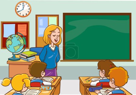 Illustration for Education illustration. Vector interior. Teacher with pupils in a classroom. Primary school kids. Children listen to teacher.Illustration with kids and teacher in a classroom. - Royalty Free Image