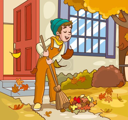 Illustration for Gardener sweeping fallen leaves cartoon vector illustration - Royalty Free Image