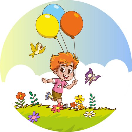 Illustration for Vector illustration of little cute children playing with a kite in the garden. - Royalty Free Image