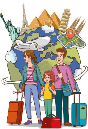 Téléchargez les illustrations : Voyager en famille Partir en vacances décrit un globe mondial avec des articles de voyage. - en licence libre de droit